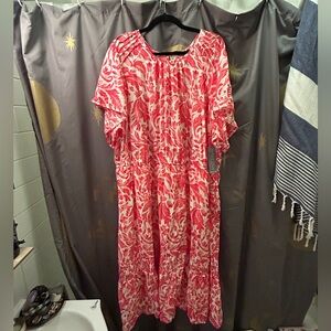 Lane Bryant Coral & White Feather Print Full Length Dress Size‎ 24 NWT